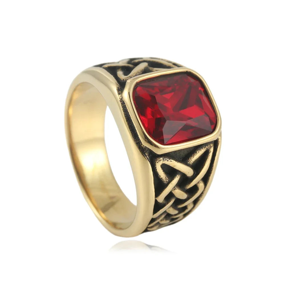 Fashion Vintage Nordic Vikings Knot Rune Rings For Men Women Stainless Steel Square Red Stone Ring Party Jewelry Gifts Wholesale