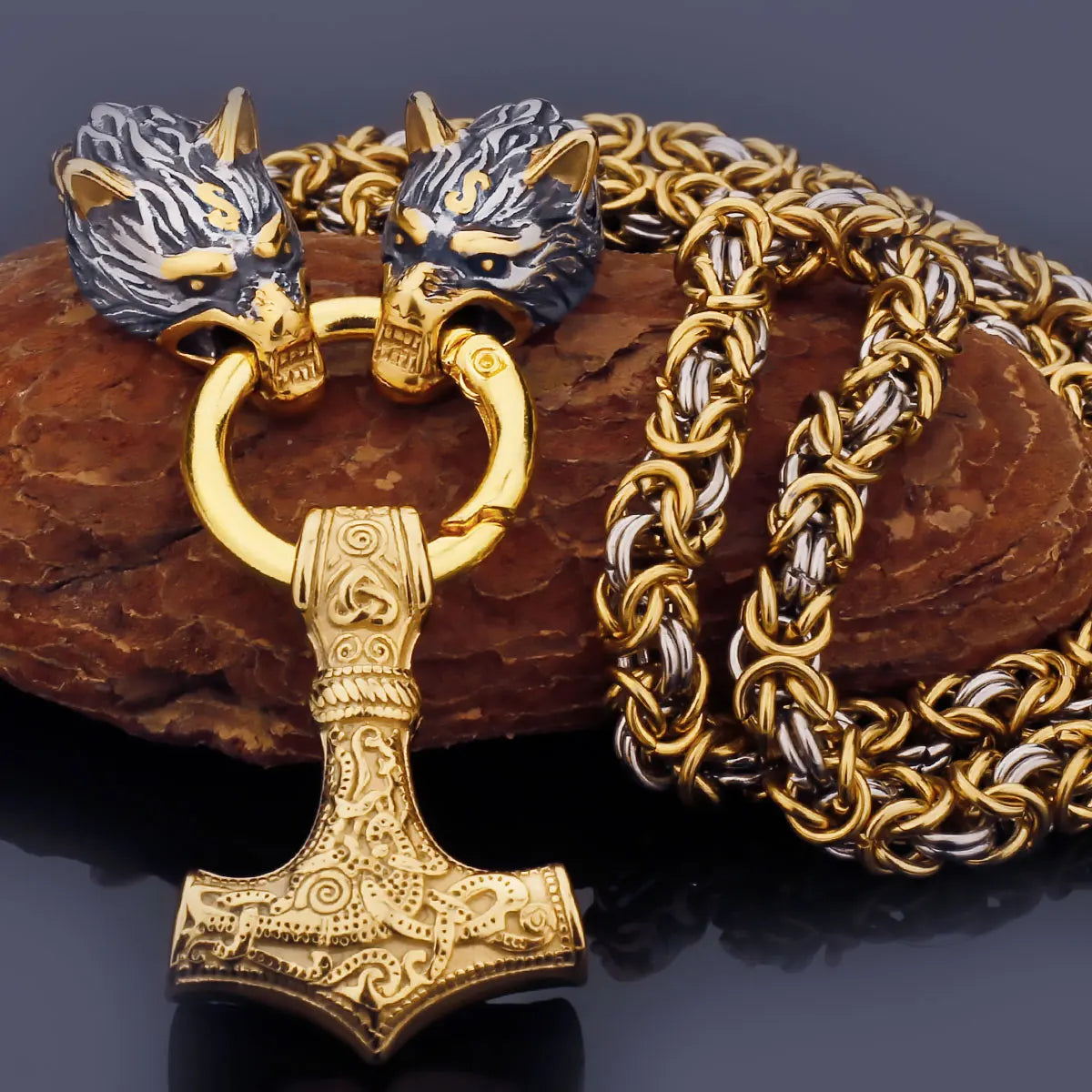 Black Mjolnir Fenrir chain gold silver