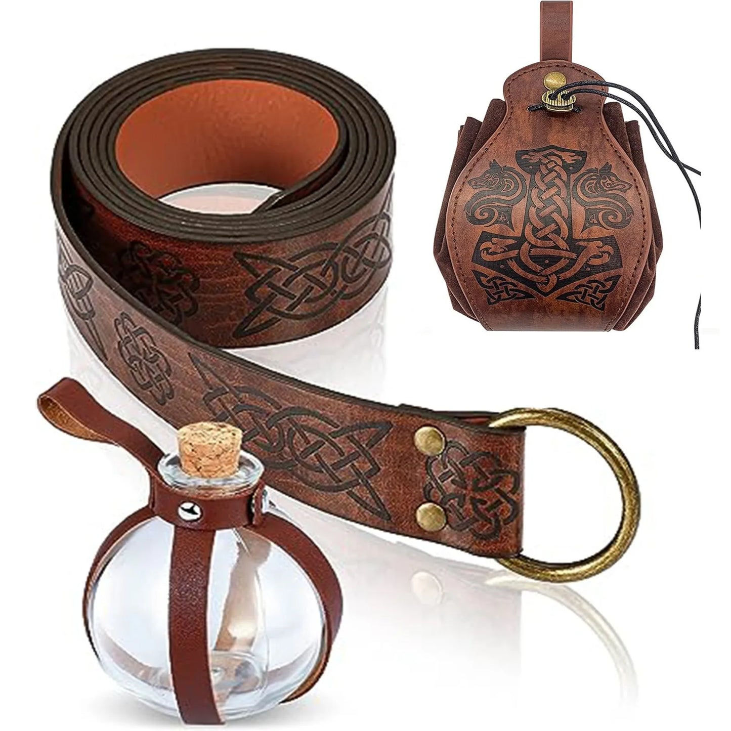 3pcs Medieval Viking Knight Leather Belt Unisex Embossed Waist Belt/Pouch/Cork Potion Set for Cosplay and Events, Halloween Chr