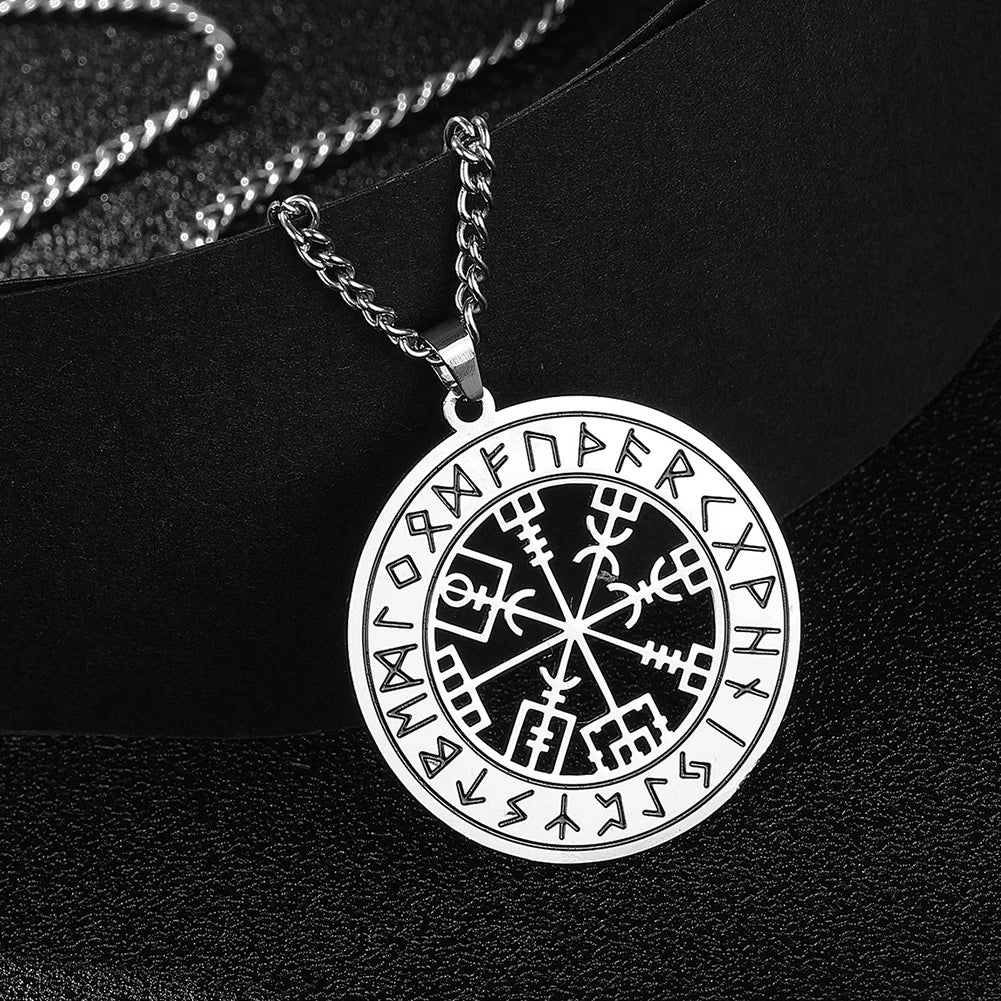 Viking Nordic 24 Rune Compass Pendant Necklace Stainless Steel Trinity Triquetra Hollow Witch Knot Symbol Amulet Jewelry Gift