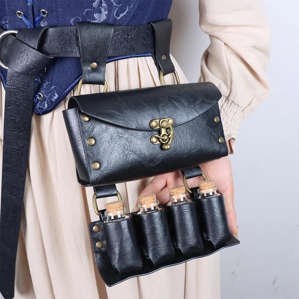 3pcs Medieval Knight Style Renaissance Retro Belt Bag With 4 glass bottles Viking Waist Belt Cosplay Decoration For Halloween