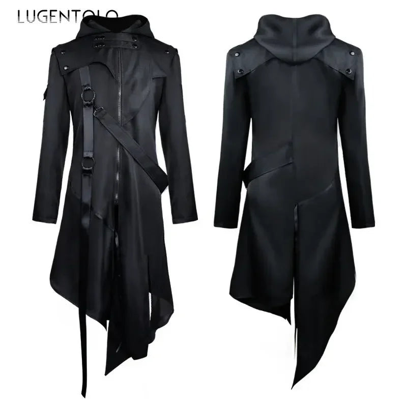 Men Gothic Steampunk Jacket Halloween Tailcoat Cosplay Hooded Assassin Costume Medieval Viking Warrior Zipper Black Coat 5XL