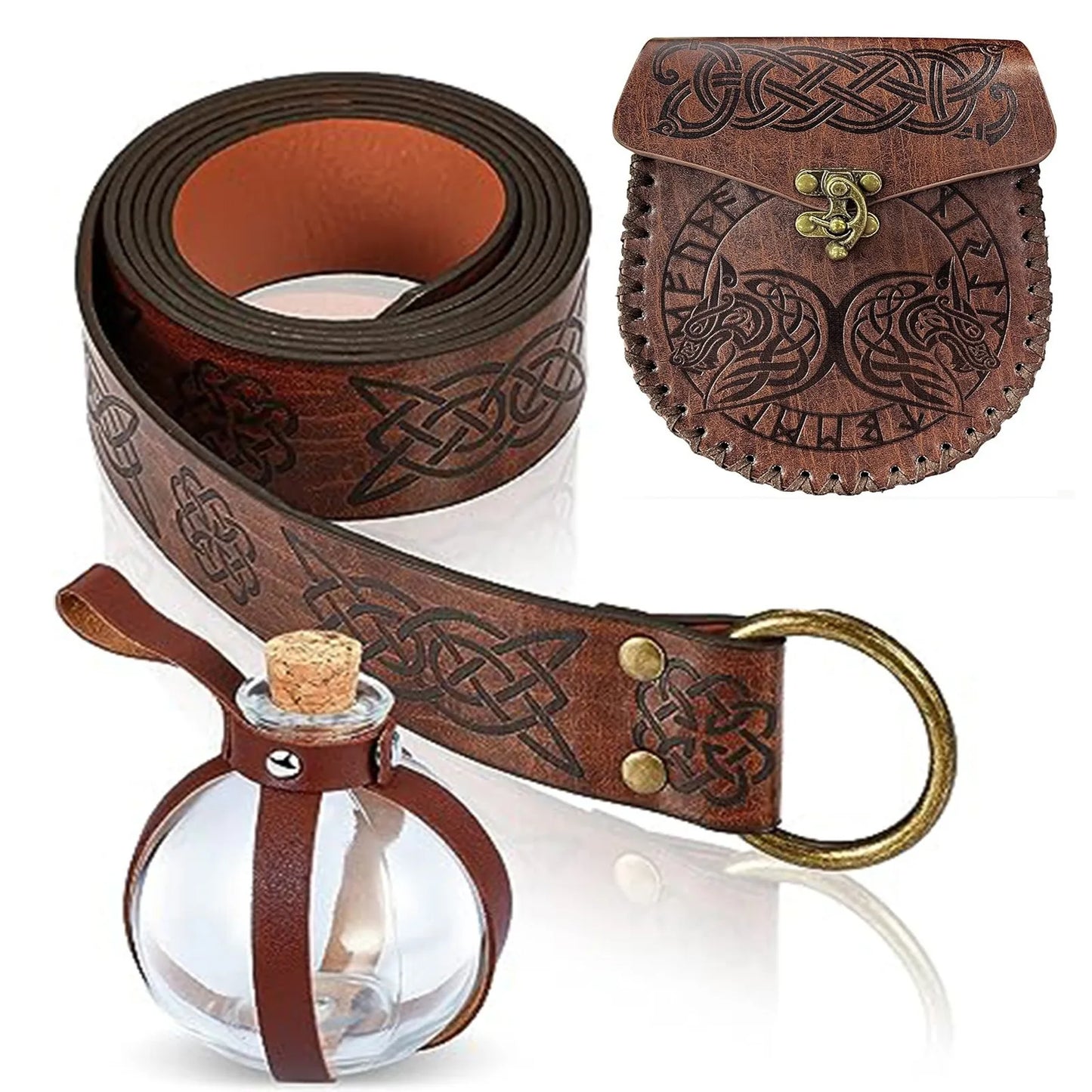 3pcs Medieval Viking Knight Leather Belt Unisex Embossed Waist Belt/Pouch/Cork Potion Set for Cosplay and Events, Halloween Chr