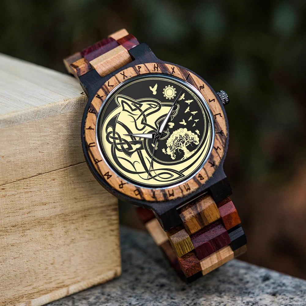 BOBO BIRD Viking Wooden Watches Top Japanese Quartz Movement Wristwatch Unique Men Watch with Helm of Awe Runic Circle Gift Box