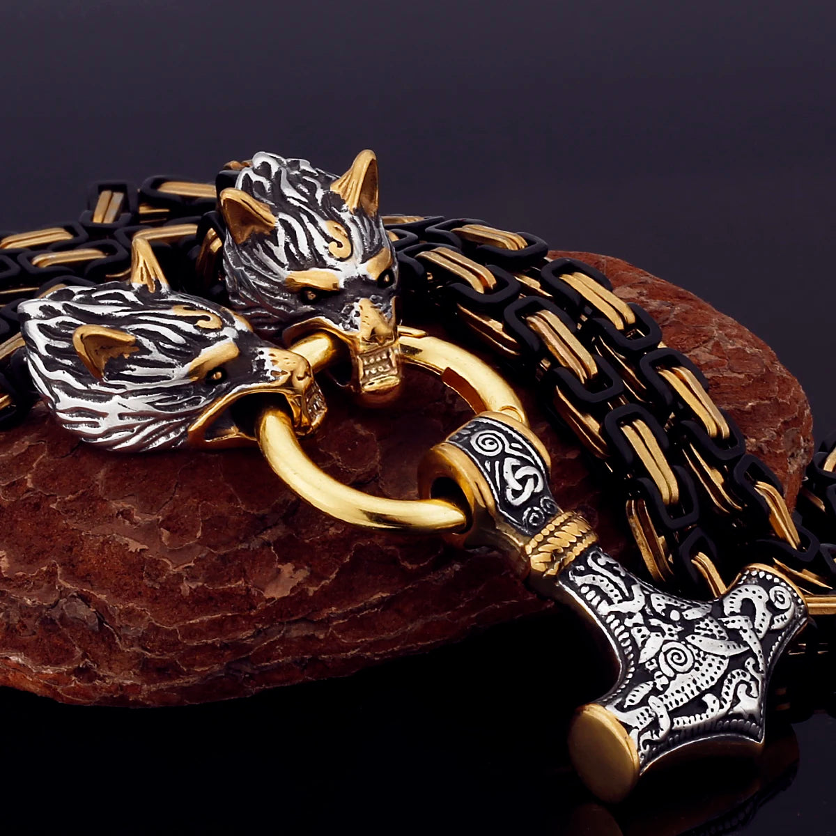 Black Mjolnir Fenrir chain gold silver