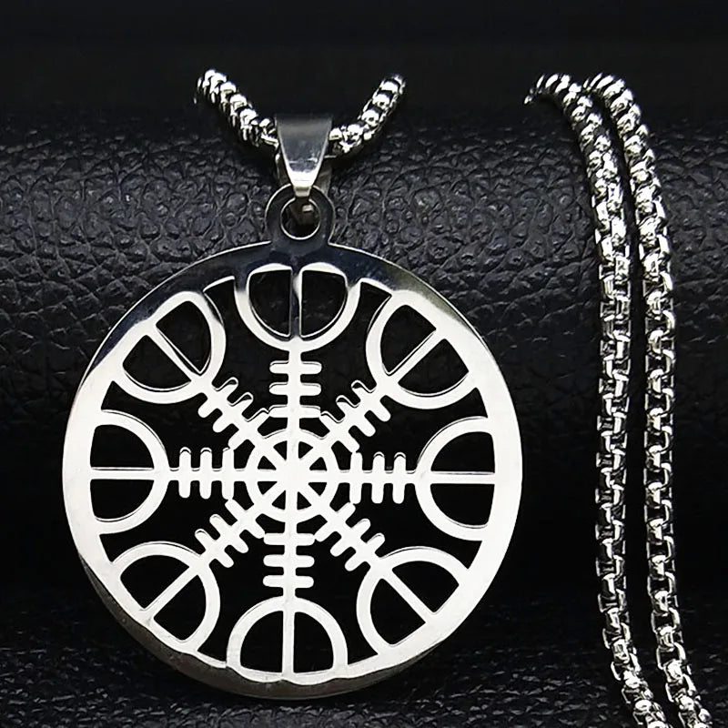 Viking Compass Helm Rune Amulet Necklace Silver Color Stainless Steel Symbol of Protection Necklace Pagan Jewelry N7024S01