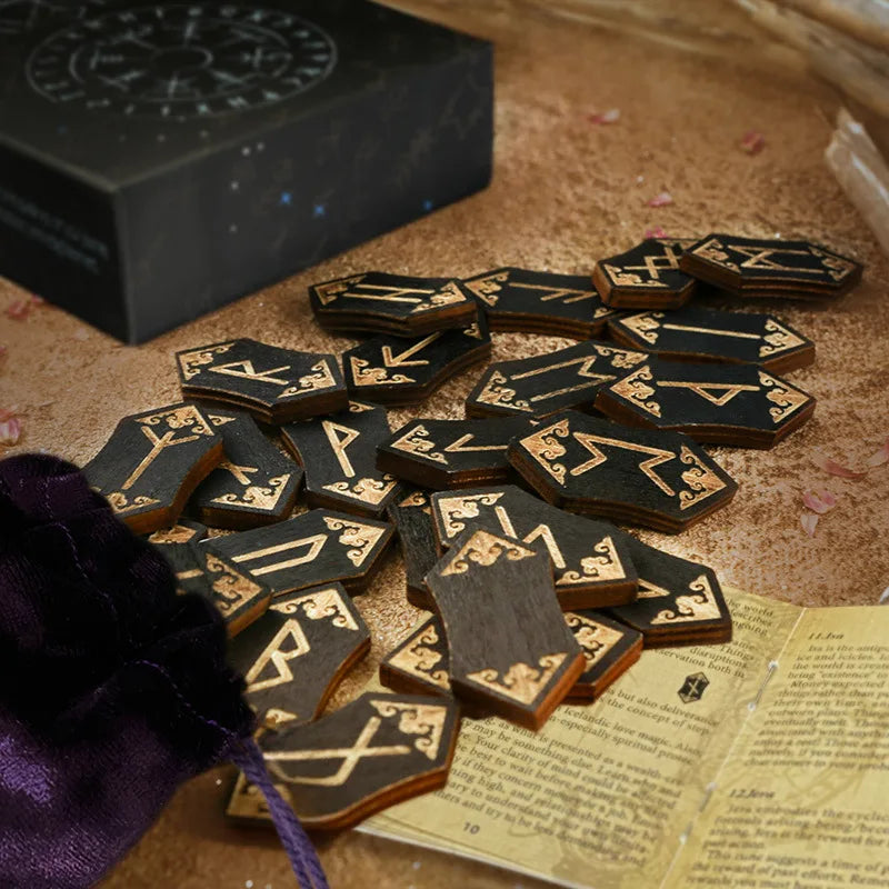 Wooden Rune Stone Set 25pcs Viking Norse Divination Kit with Guide Book Velvet Bag Spiritual Runes Beginners Meditation Ritual