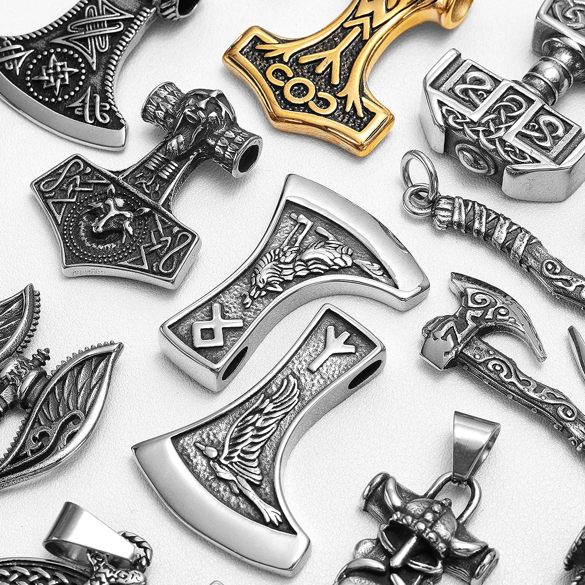 Viking Variety Weapons Men Pendant Necklace Stainless Steel Nordic Myth Chain Retro Rock Punk Rap for Friend Male Jewelry Gift