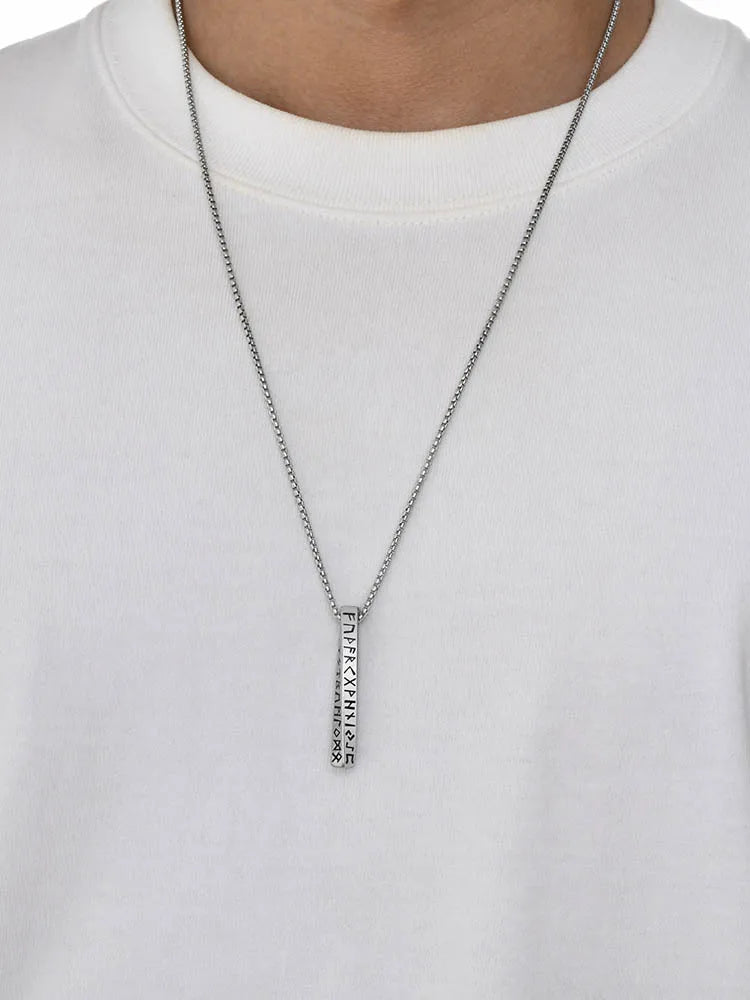 Vintage Nordic Viking Symbol Rune Vertical Twisted Bar Pendant Necklace for Men Stainless Steel Jewelry