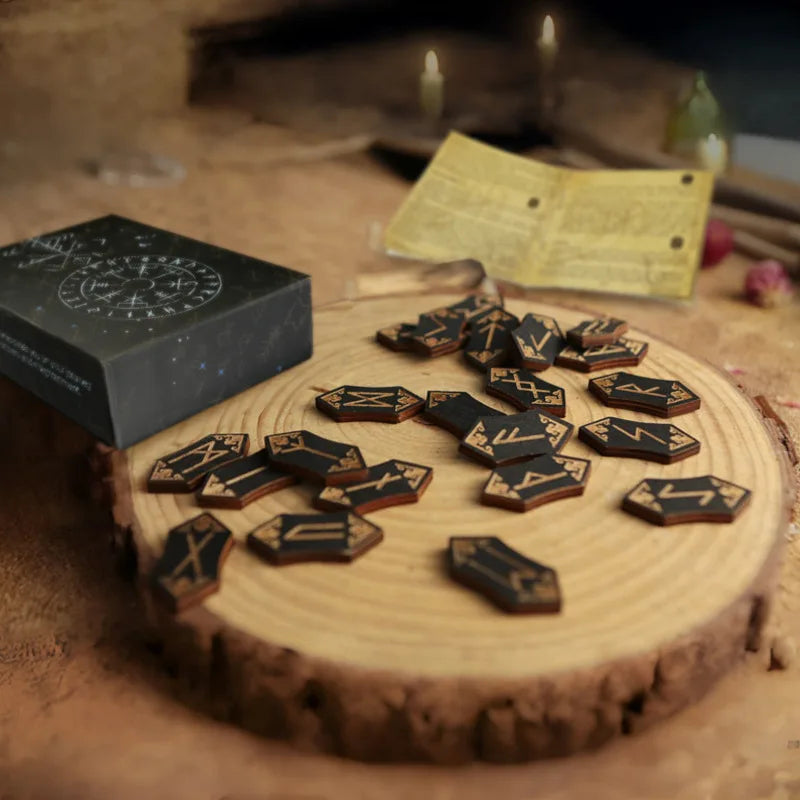 Wooden Rune Stone Set 25pcs Viking Norse Divination Kit with Guide Book Velvet Bag Spiritual Runes Beginners Meditation Ritual