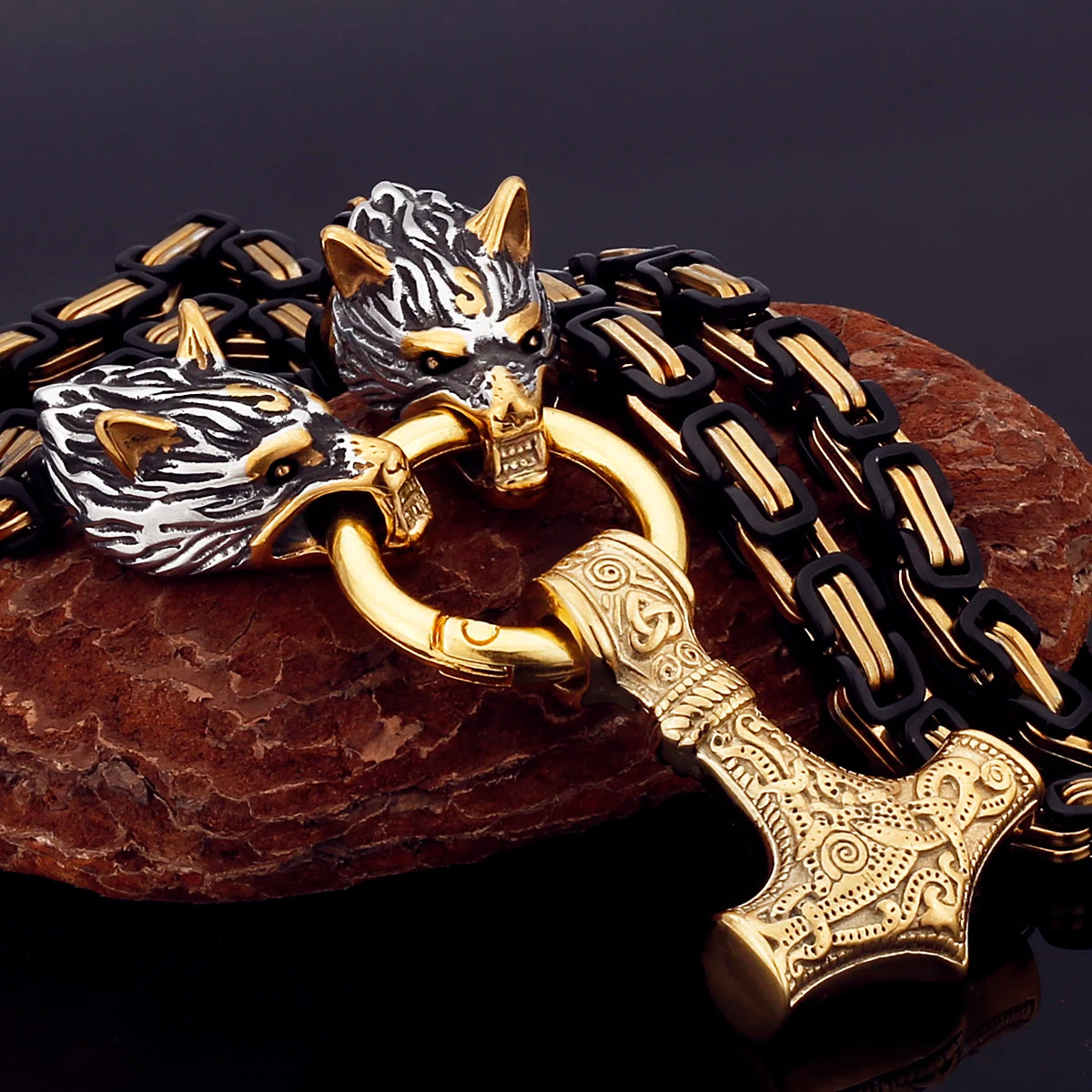 Black Mjolnir Fenrir chain gold silver