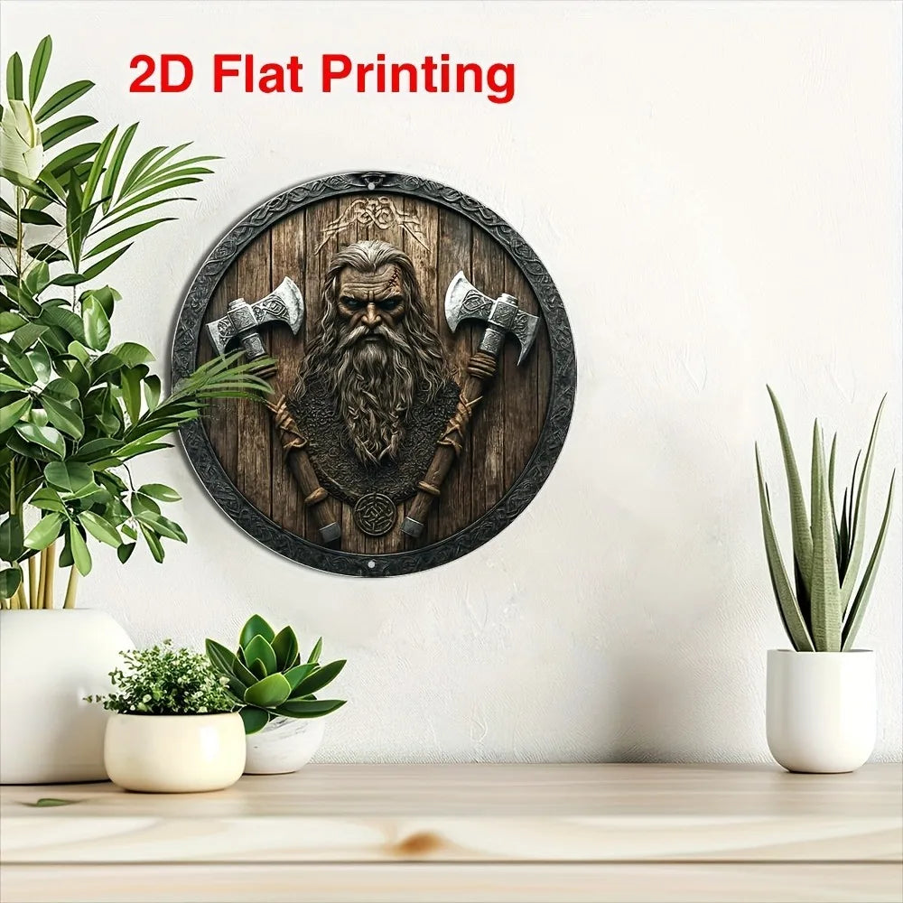Viking Shield Aluminum Wall Art - 8x8" Round 2D Flat, Axe Design Nordic Decor for Home Office, Halloween Gift