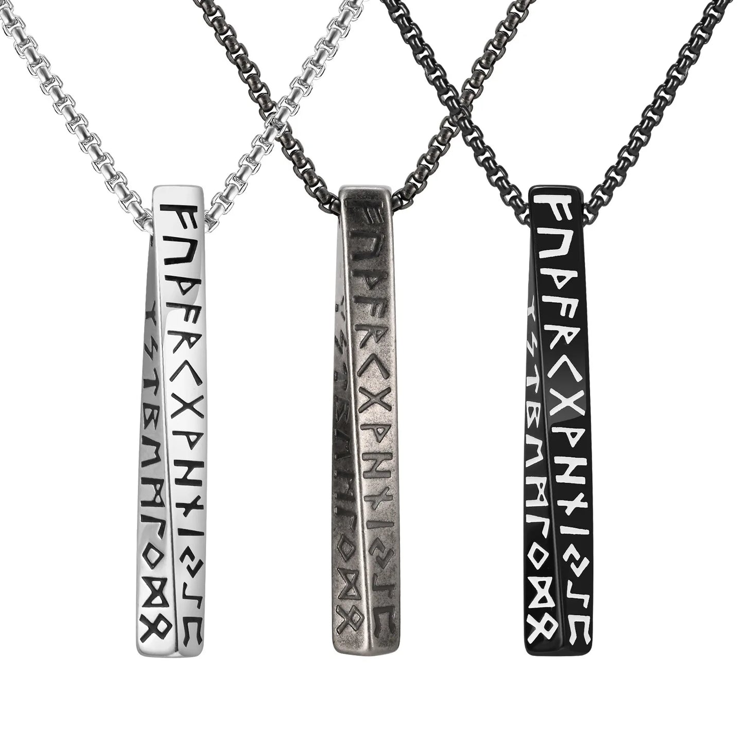 Vintage Nordic Viking Symbol Rune Vertical Twisted Bar Pendant Necklace for Men Stainless Steel Jewelry
