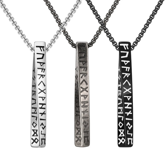Vintage Nordic Viking Symbol Rune Vertical Twisted Bar Pendant Necklace for Men Stainless Steel Jewelry
