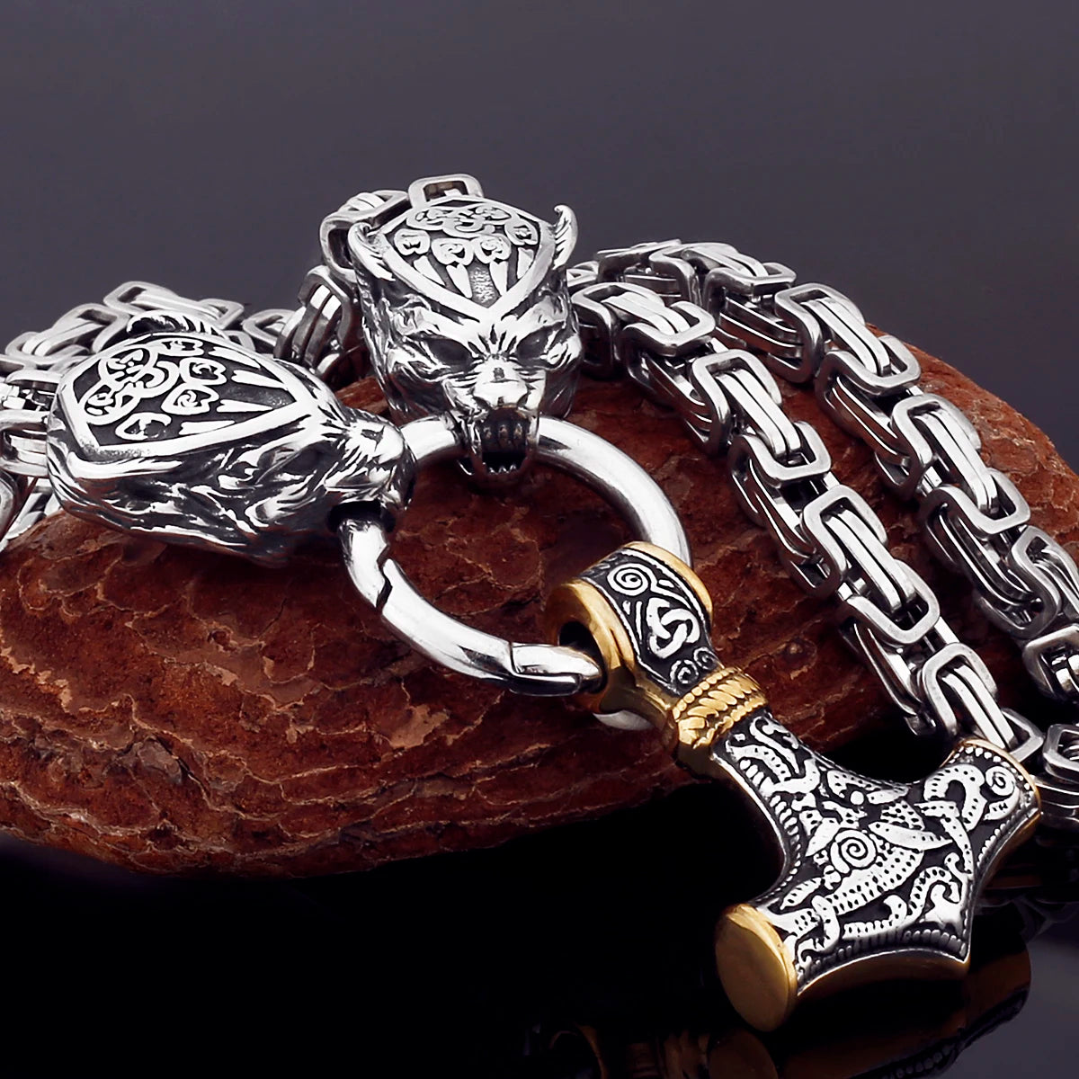 Black Mjolnir Fenrir chain gold silver