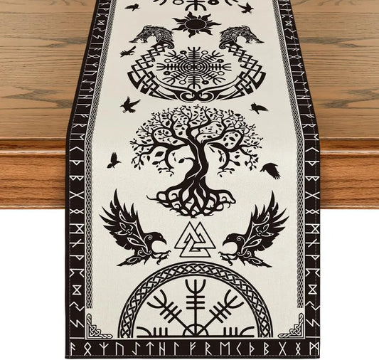 Vintage Viking Raven Helmet of Awe Linen Table Runner Reusable Kitchen Dining Table Decoration for Home Party Decorations