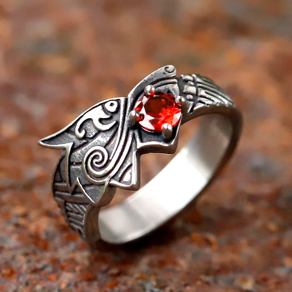 2024 new Stainless Steel Viking  Dragon Ring with Red zircon Men's Fashion Vintage Animal Dragon Ring Viking Jewelry Gift