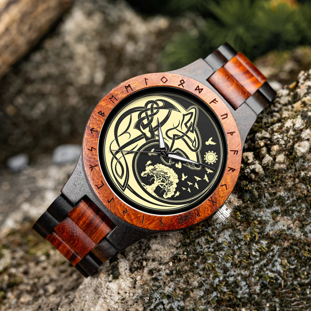 BOBO BIRD Viking Wooden Watches Top Japanese Quartz Movement Wristwatch Unique Men Watch with Helm of Awe Runic Circle Gift Box