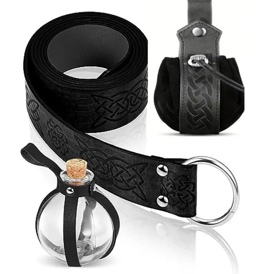 3pcs Medieval Viking Knight Leather Belt Unisex Embossed Waist Belt/Pouch/Cork Potion Set for Cosplay and Events, Halloween Chr