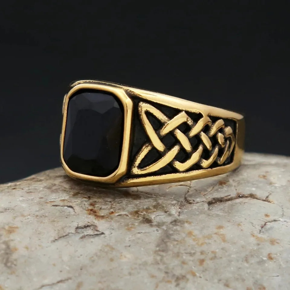 Fashion Vintage Nordic Vikings Knot Rune Rings For Men Women Stainless Steel Square Red Stone Ring Party Jewelry Gifts Wholesale