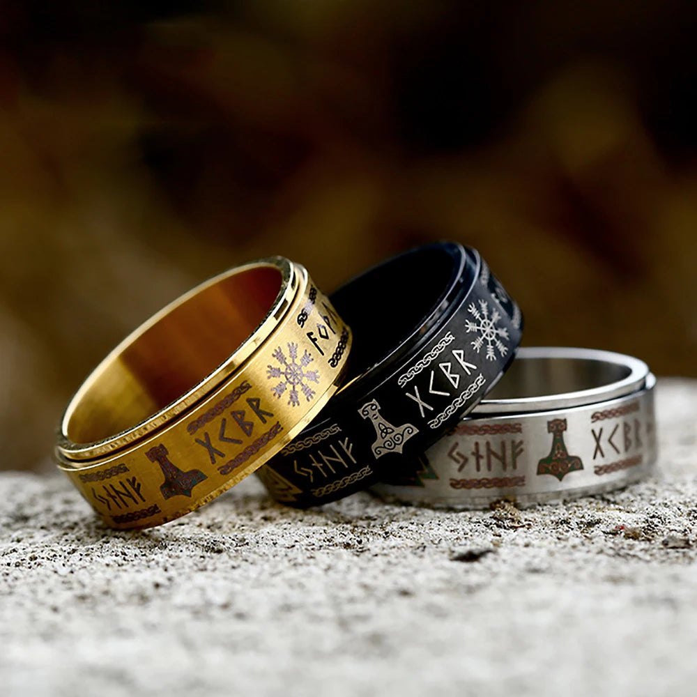 Vintage 316L Stainless Steel Nordic Vikings Trinity Ring Fashion Simple Viking Rune Amulet Rings For Men Women Rotatable Jewelry
