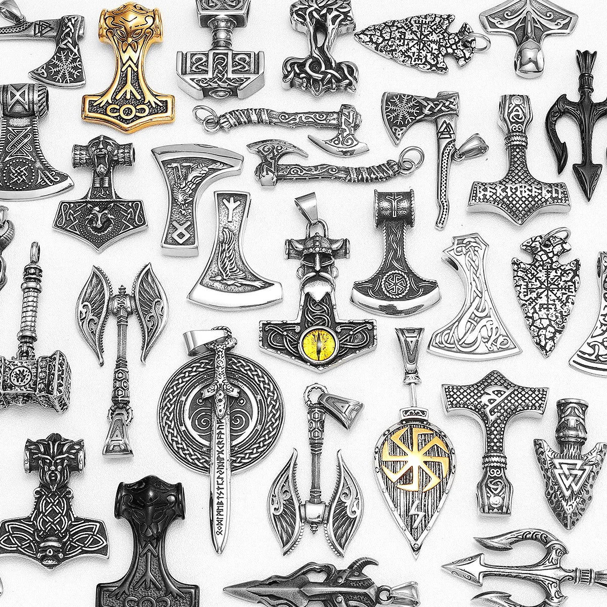 Viking Variety Weapons Men Pendant Necklace Stainless Steel Nordic Myth Chain Retro Rock Punk Rap for Friend Male Jewelry Gift