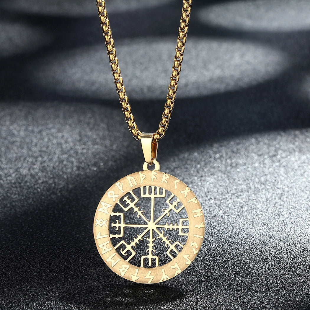 12 Constellation Viking Rune Compass Vegvisir Hollow Round Pendant Choker Stainless Steel Necklace for Men Nordic Amulet Jewelry