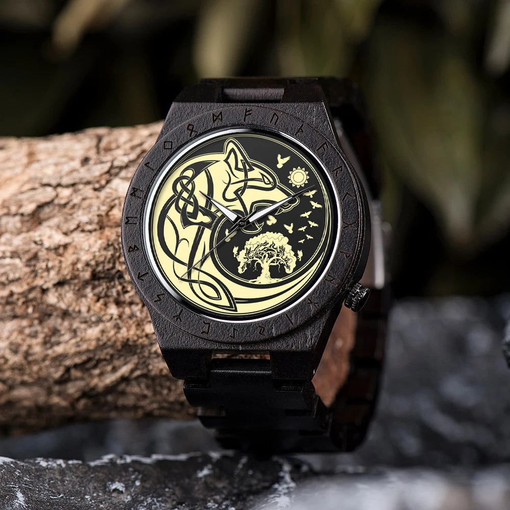BOBO BIRD Viking Wooden Watches Top Japanese Quartz Movement Wristwatch Unique Men Watch with Helm of Awe Runic Circle Gift Box
