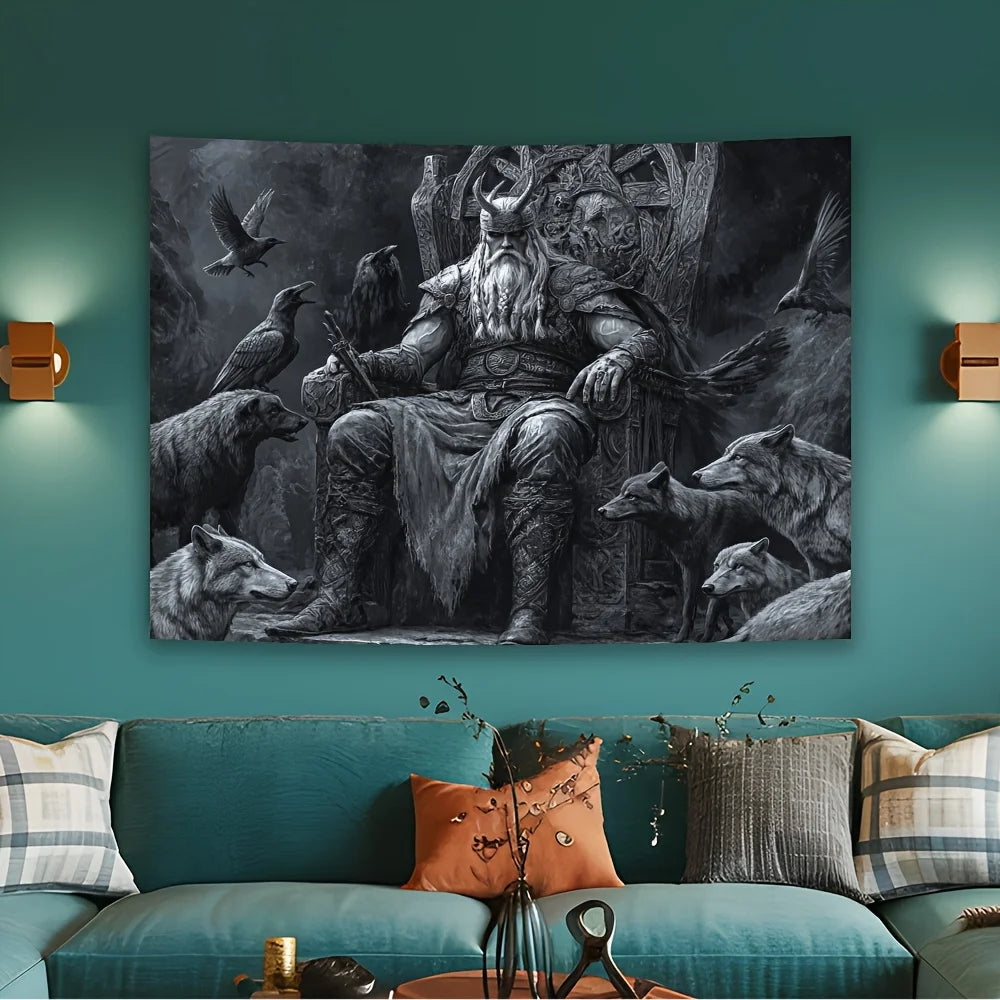 Viking Warrior Tapestry - Majestic Wall Hanging with Ravens and Wolves for Bedroom and Living Room Decor, Perfect Gift