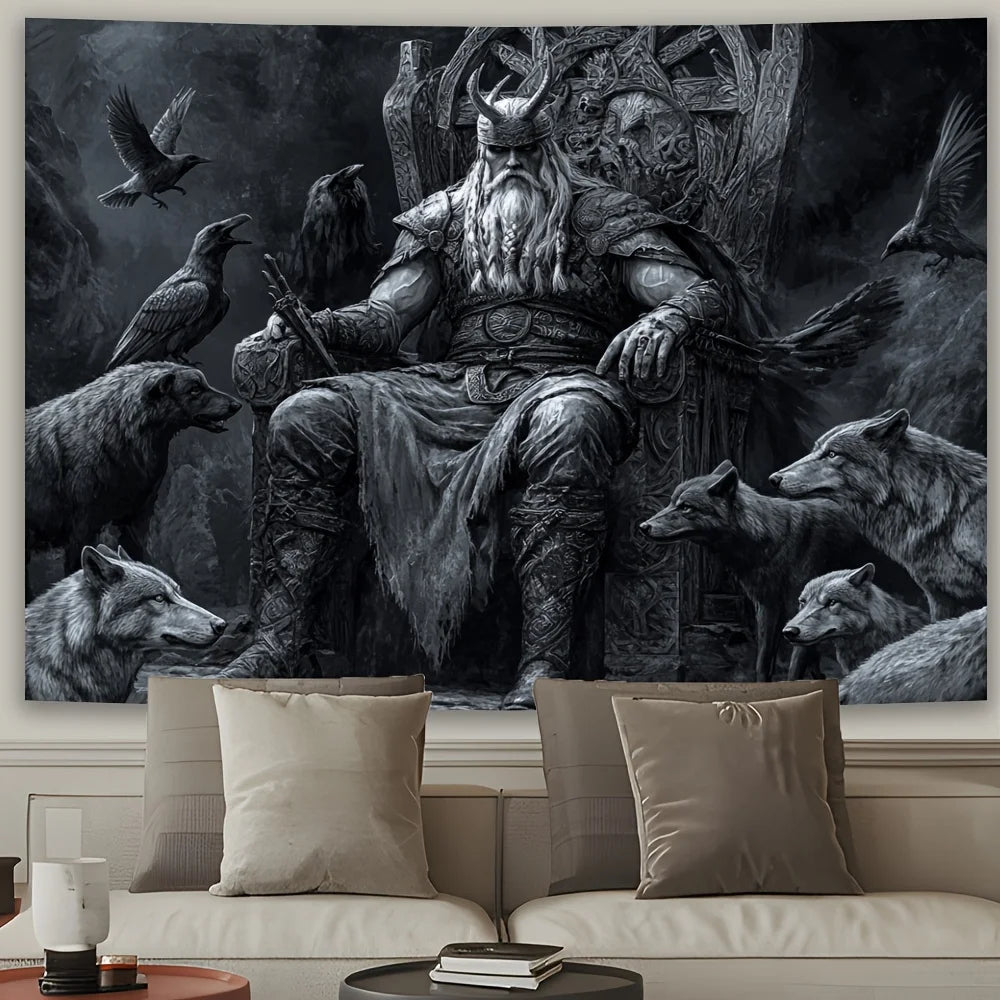 Viking Warrior Tapestry - Majestic Wall Hanging with Ravens and Wolves for Bedroom and Living Room Decor, Perfect Gift