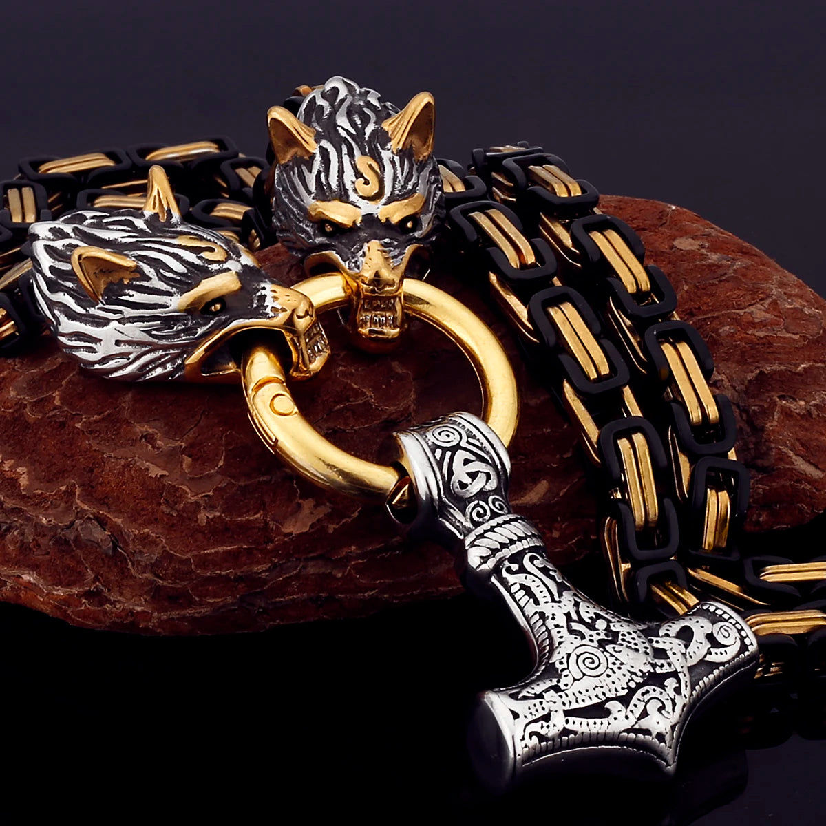 Black Mjolnir Fenrir chain gold silver