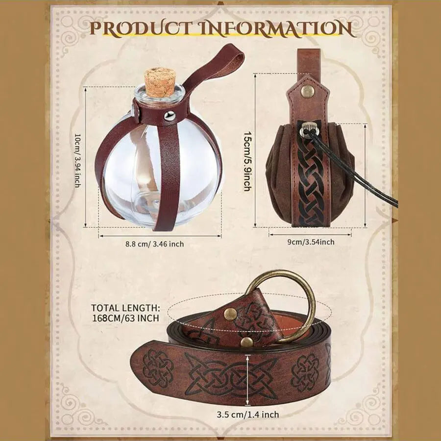 3pcs Medieval Viking Knight Leather Belt Unisex Embossed Waist Belt/Pouch/Cork Potion Set for Cosplay and Events, Halloween Chr