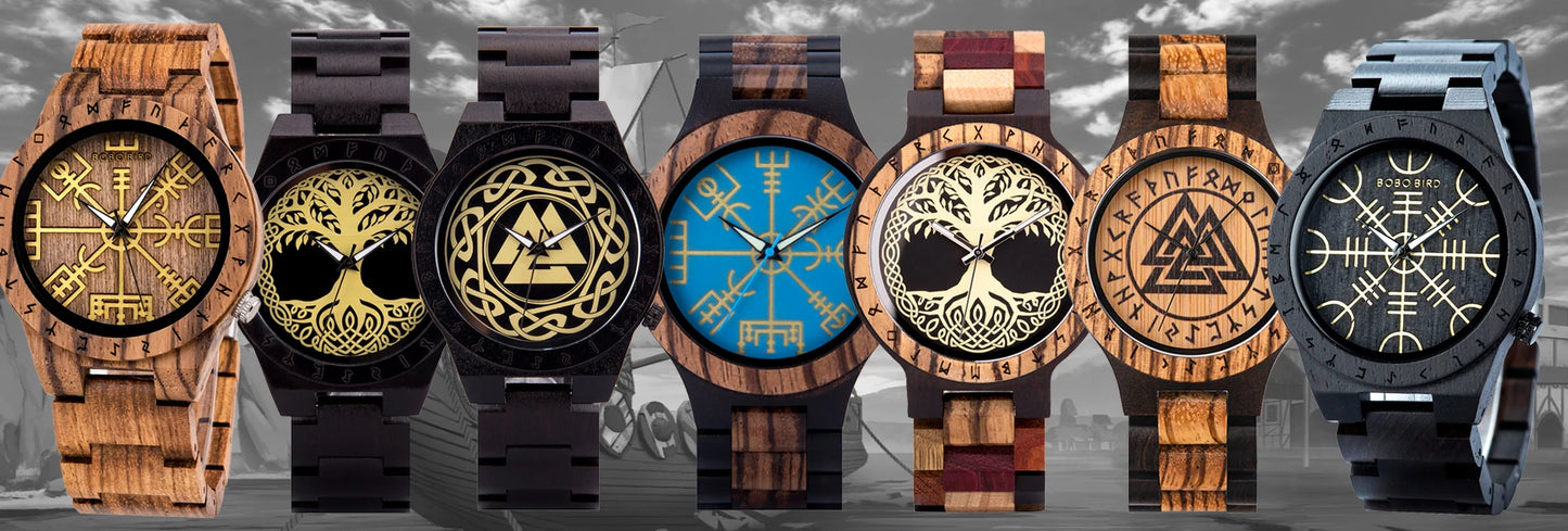 BOBO BIRD Viking Wooden Watches Top Japanese Quartz Movement Wristwatch Unique Men Watch with Helm of Awe Runic Circle Gift Box