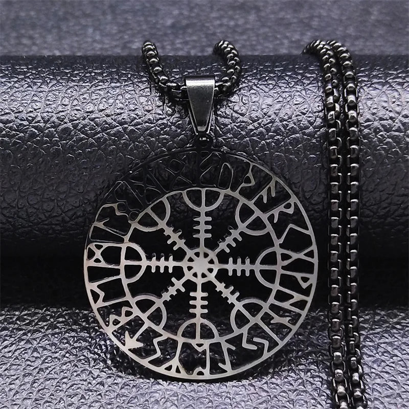 Viking Compass Helm Rune Amulet Necklace Silver Color Stainless Steel Symbol of Protection Necklace Pagan Jewelry N7024S01