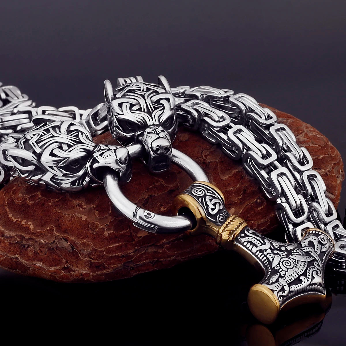 Black Mjolnir Fenrir chain gold silver