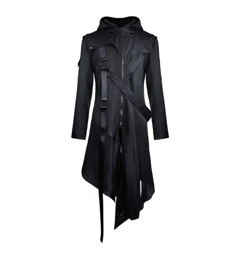 Men Gothic Steampunk Jacket Halloween Tailcoat Cosplay Hooded Assassin Costume Medieval Viking Warrior Zipper Black Coat 5XL