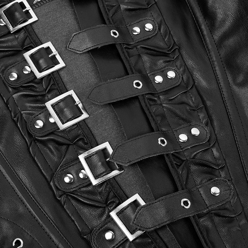 Steampunk Halterneck Overbust Corset Corselet Black Brown Basques Faux Leather Bustier Top