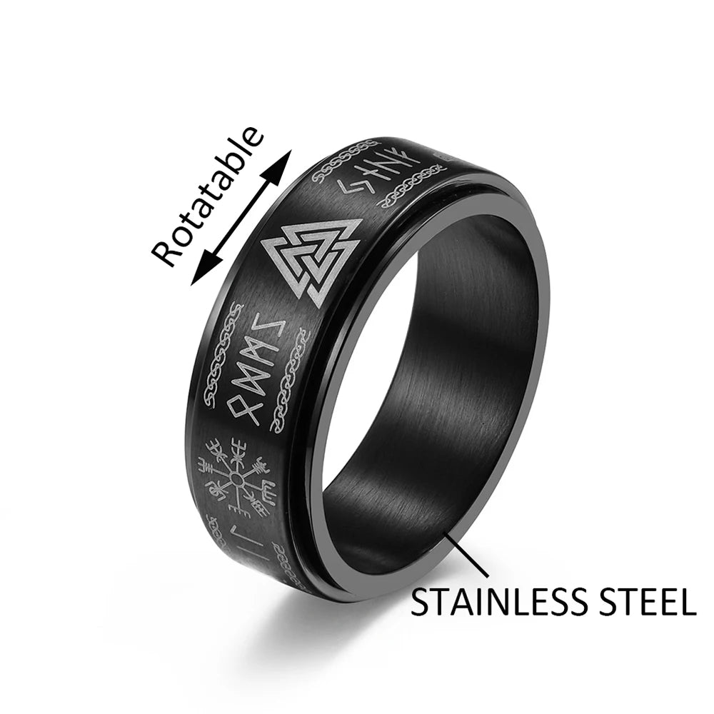 Vintage 316L Stainless Steel Nordic Vikings Trinity Ring Fashion Simple Viking Rune Amulet Rings For Men Women Rotatable Jewelry