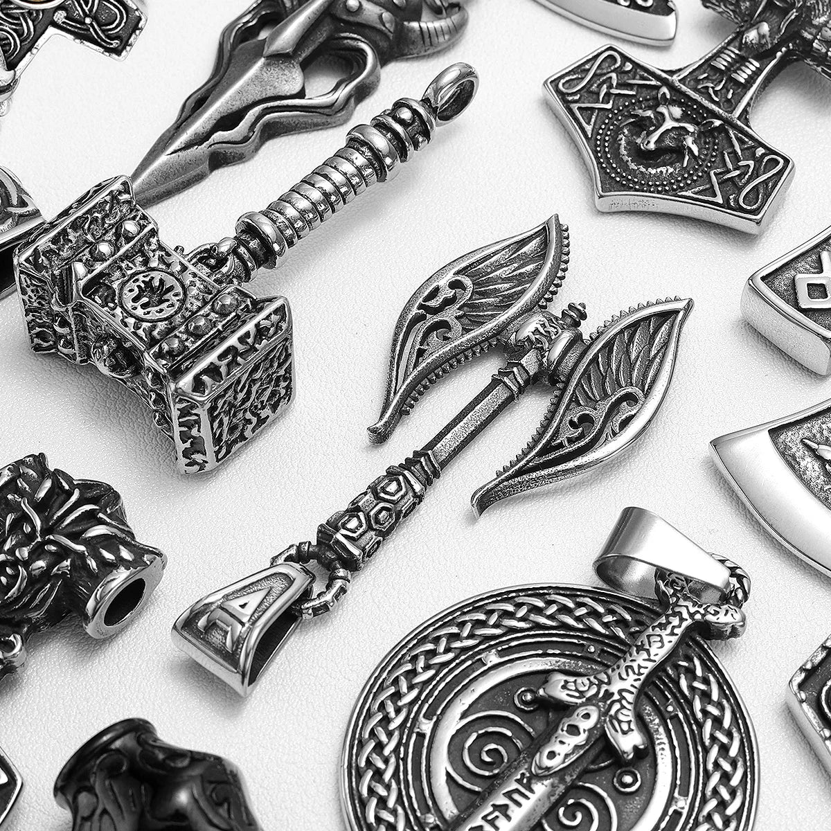 Viking Variety Weapons Men Pendant Necklace Stainless Steel Nordic Myth Chain Retro Rock Punk Rap for Friend Male Jewelry Gift
