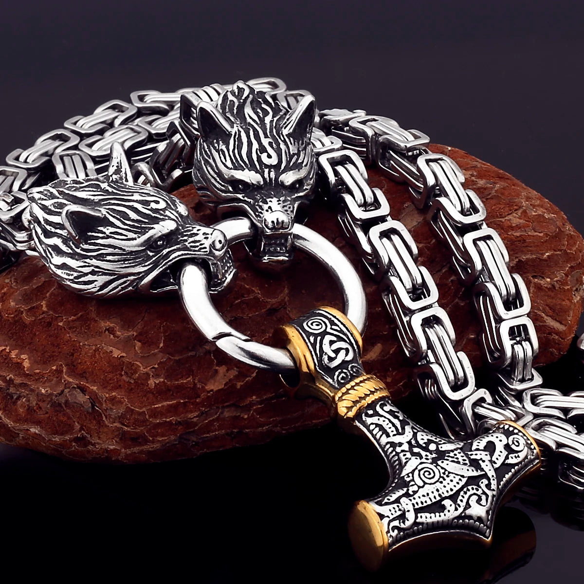 Black Mjolnir Fenrir chain gold silver