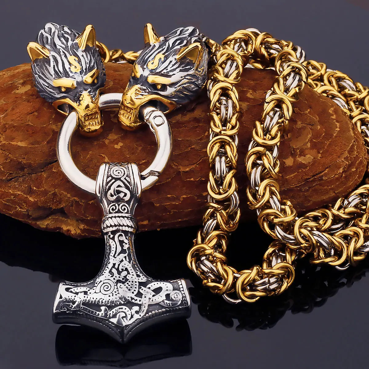 Black Mjolnir Fenrir chain gold silver