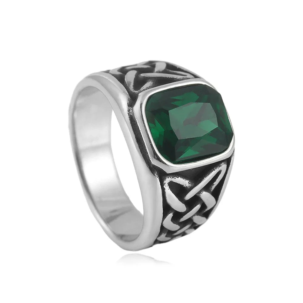 Fashion Vintage Nordic Vikings Knot Rune Rings For Men Women Stainless Steel Square Red Stone Ring Party Jewelry Gifts Wholesale