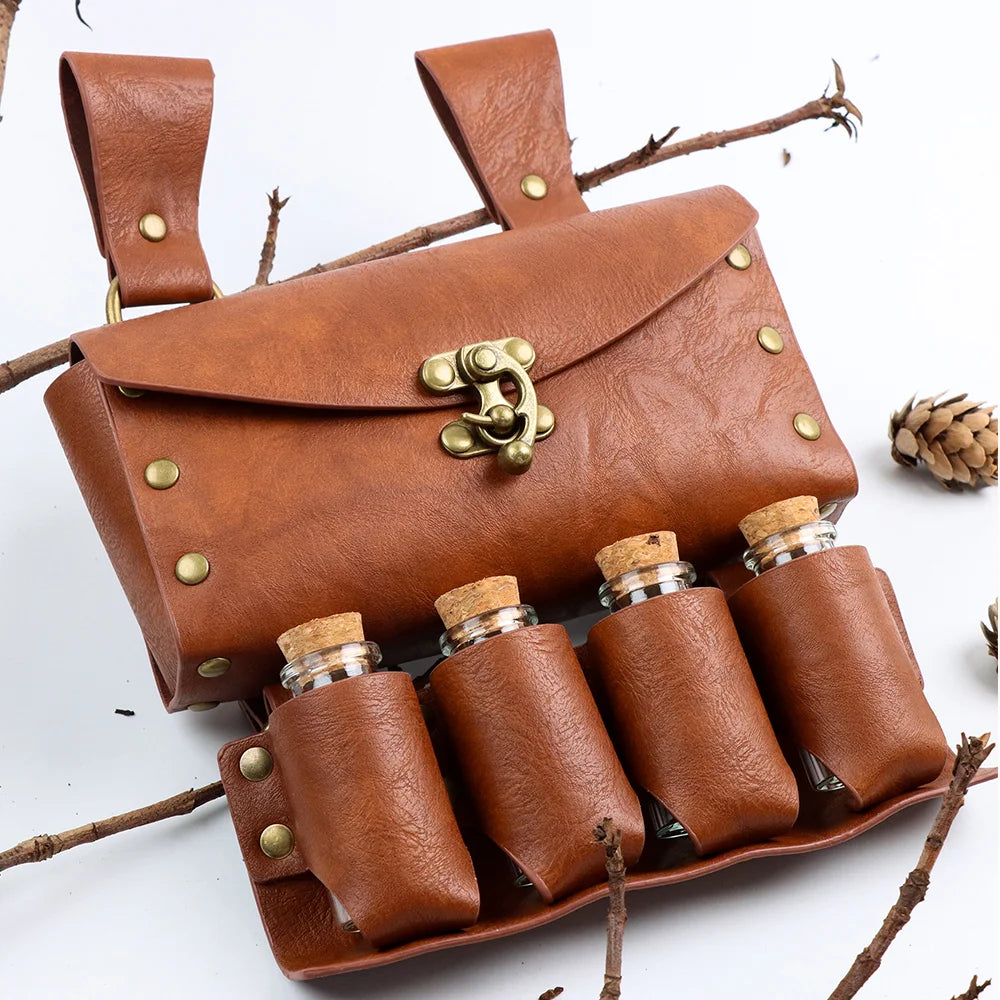 3pcs Medieval Knight Style Renaissance Retro Belt Bag With 4 glass bottles Viking Waist Belt Cosplay Decoration For Halloween