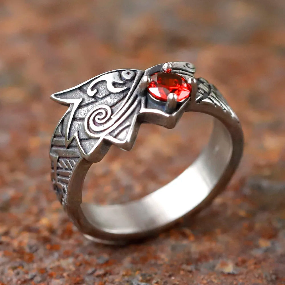2024 new Stainless Steel Viking  Dragon Ring with Red zircon Men's Fashion Vintage Animal Dragon Ring Viking Jewelry Gift