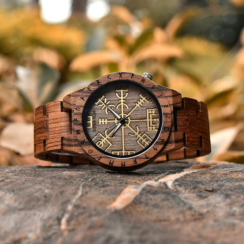 BOBO BIRD Viking Wooden Watches Top Japanese Quartz Movement Wristwatch Unique Men Watch with Helm of Awe Runic Circle Gift Box