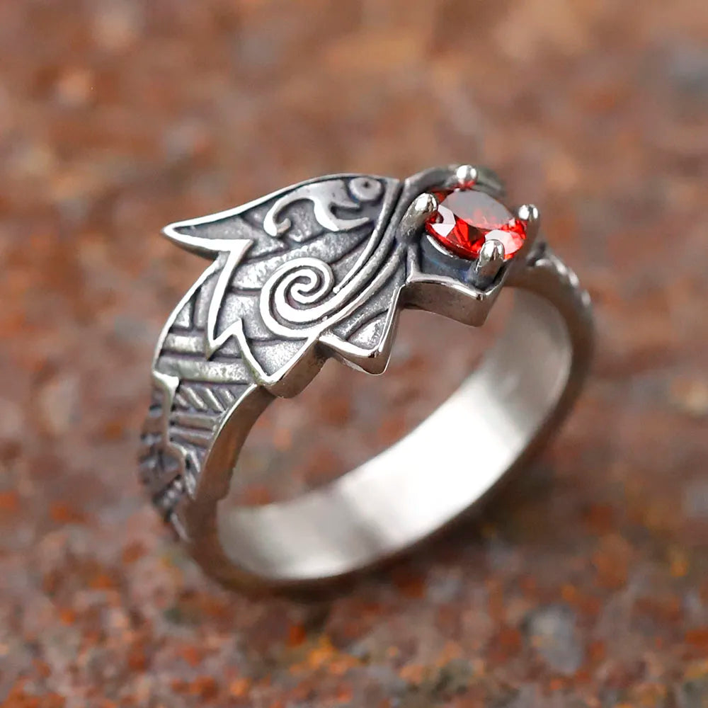 2024 new Stainless Steel Viking  Dragon Ring with Red zircon Men's Fashion Vintage Animal Dragon Ring Viking Jewelry Gift