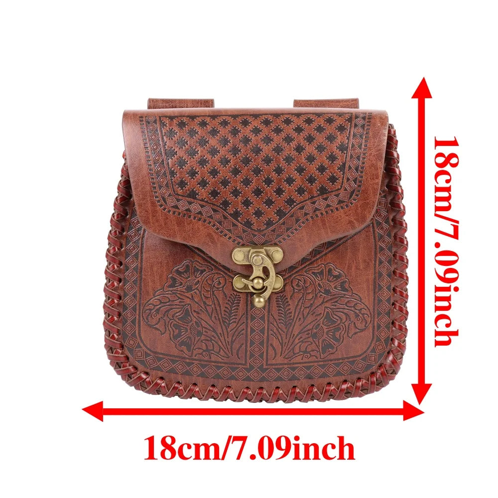 Viking Waist Bag with Intricate Floral Pattern & Braided Strap - Medieval Style, Snap Closure Perfect for Outdoor Adventures