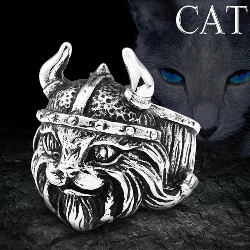 Retro Vikings Cat Ring For Men Silver Color Punk Gothic Adjustable Open Ring Creative Jewelry Unisex Accessories Kitten Gift