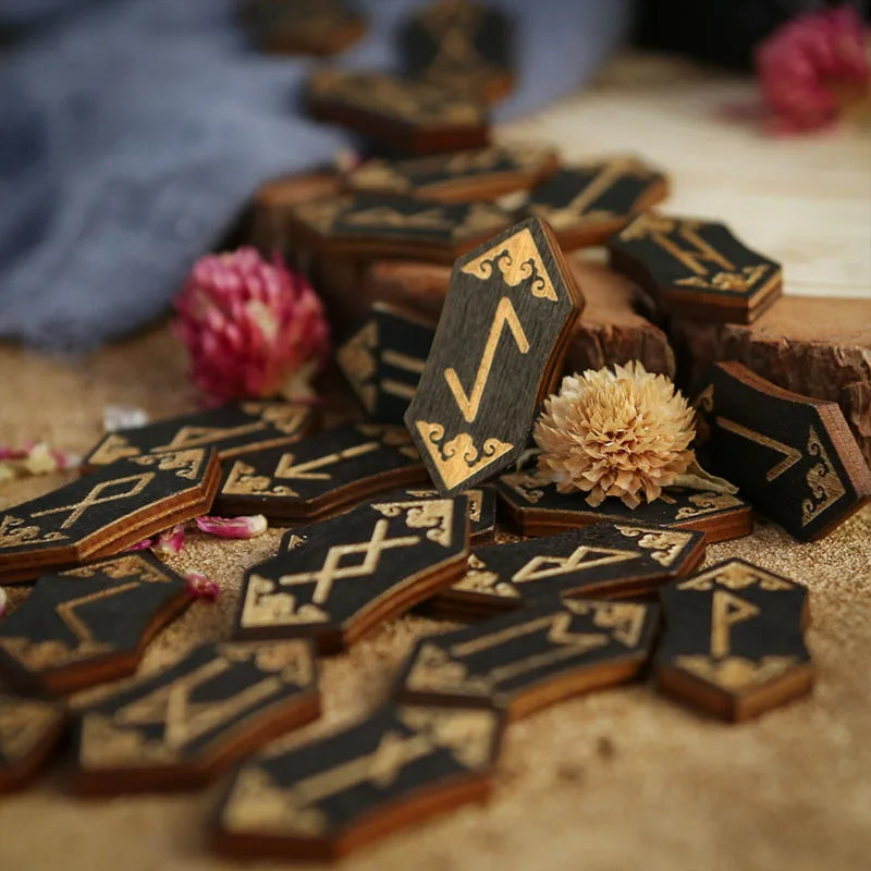 Wooden Rune Stone Set 25pcs Viking Norse Divination Kit with Guide Book Velvet Bag Spiritual Runes Beginners Meditation Ritual