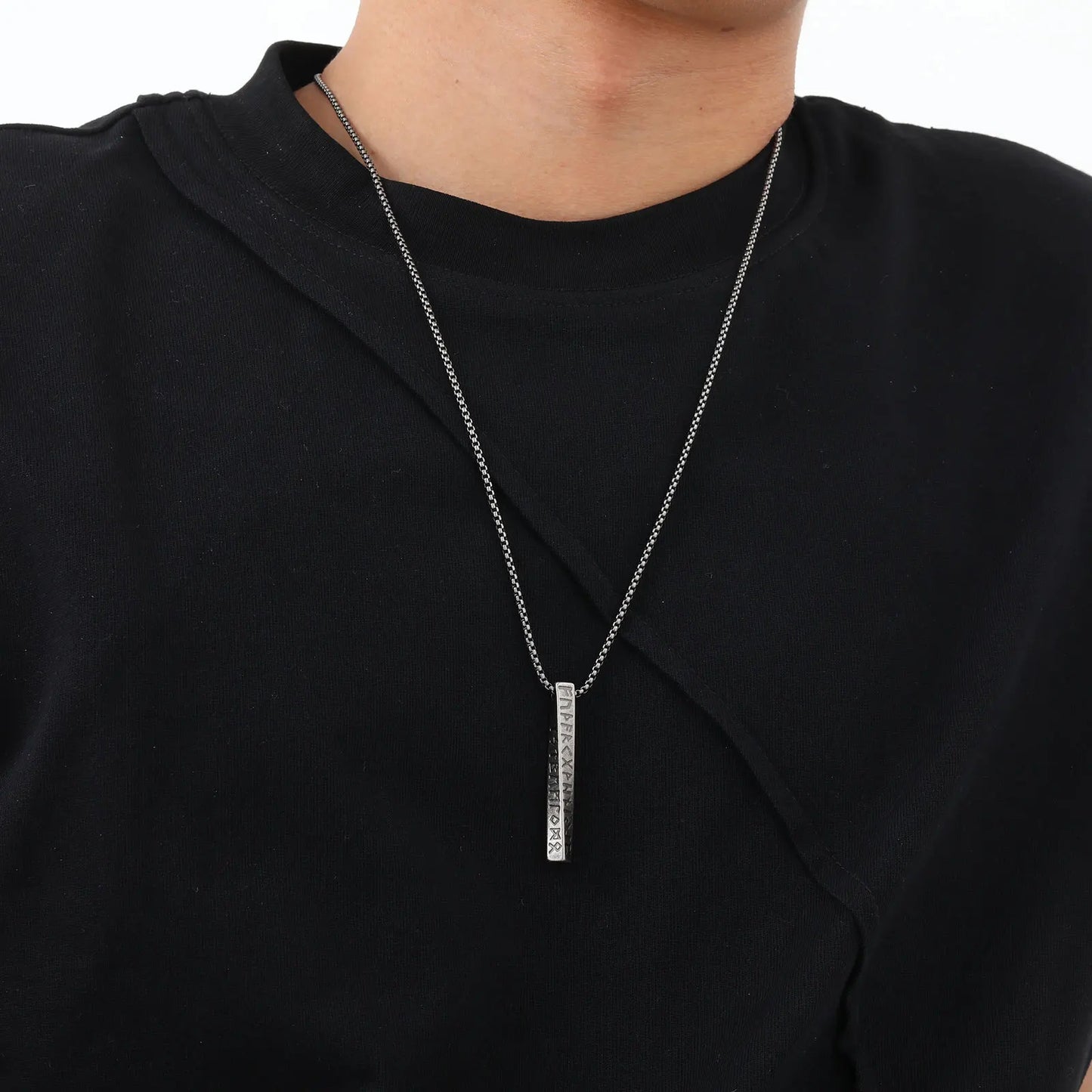 Vintage Nordic Viking Symbol Rune Vertical Twisted Bar Pendant Necklace for Men Stainless Steel Jewelry